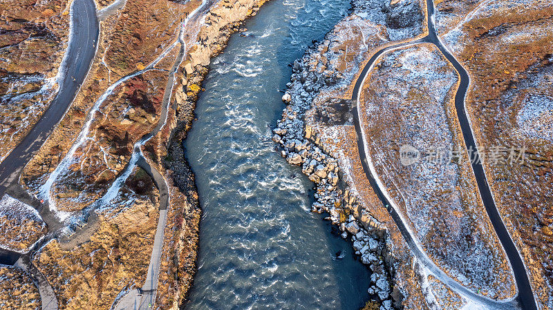 湍急的Skjalfandafljot河，位于Godafoss瀑布的下游。鸟瞰无人机拍摄的秋天，洒着雪，展示了秋天的色调和水边的小径。