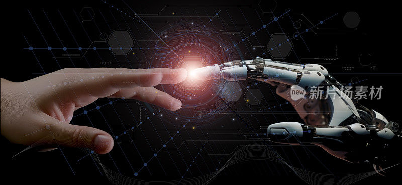 AI，机器学习，大数据网络上的机器人之手和人的触觉，灯泡上的大脑数据创意，科学和人工智能技术，创新未来。