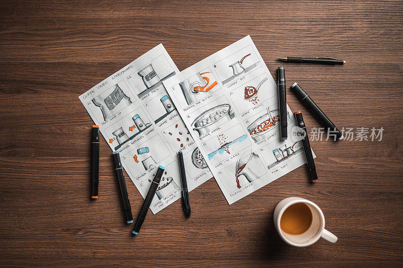 故事板编辑器表;咖啡、彩色铅笔和智能手机