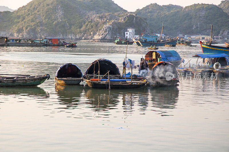 越南吉巴港(下龙湾)的小型屋宇船