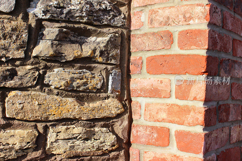 正式的红砖门柱形象，与古老的鹅卵石墙形成对比