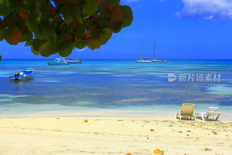 热带天堂般的放松:椅子，绿松石加勒比海滩，游艇，轮船
