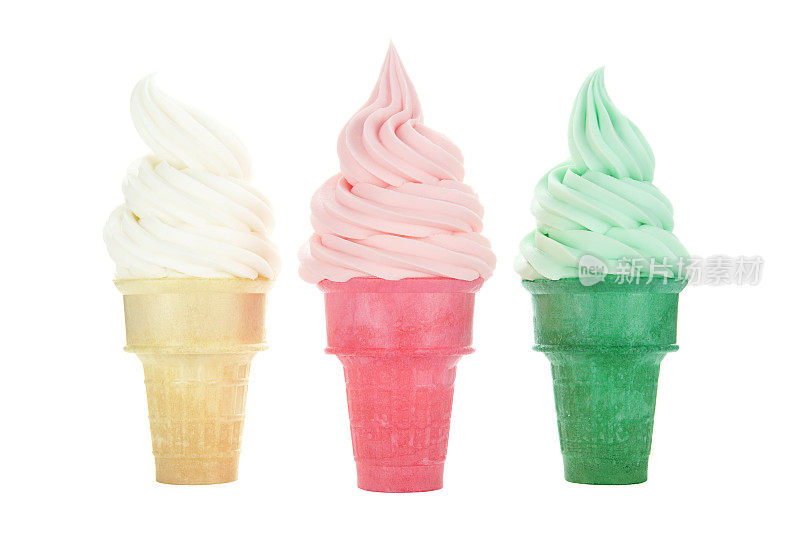 三种口味的甜筒冰淇淋