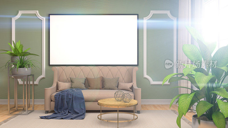 模拟海报框架在室内背景。三维演示