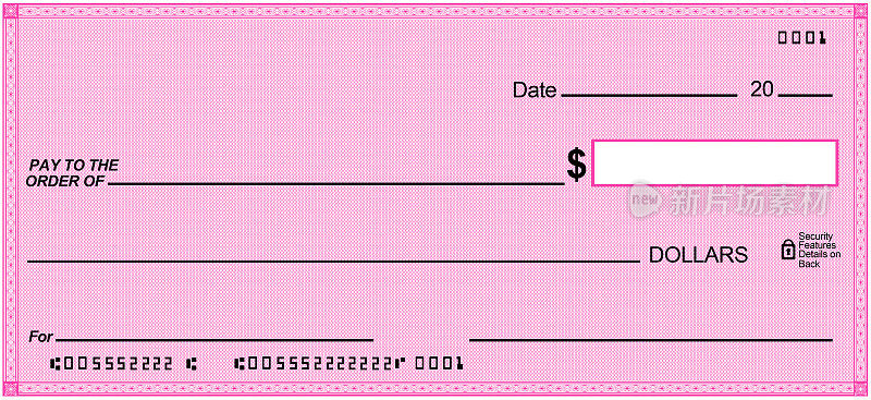 粉红色纸上的空白支票，设计独特。假电话号码