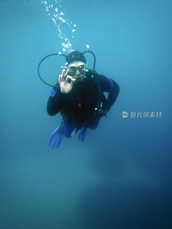 潜水员在水下显示OK信号