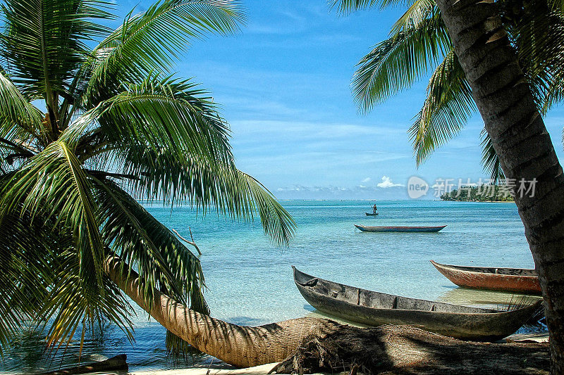 天堂般的海滩，独木舟和棕榈树