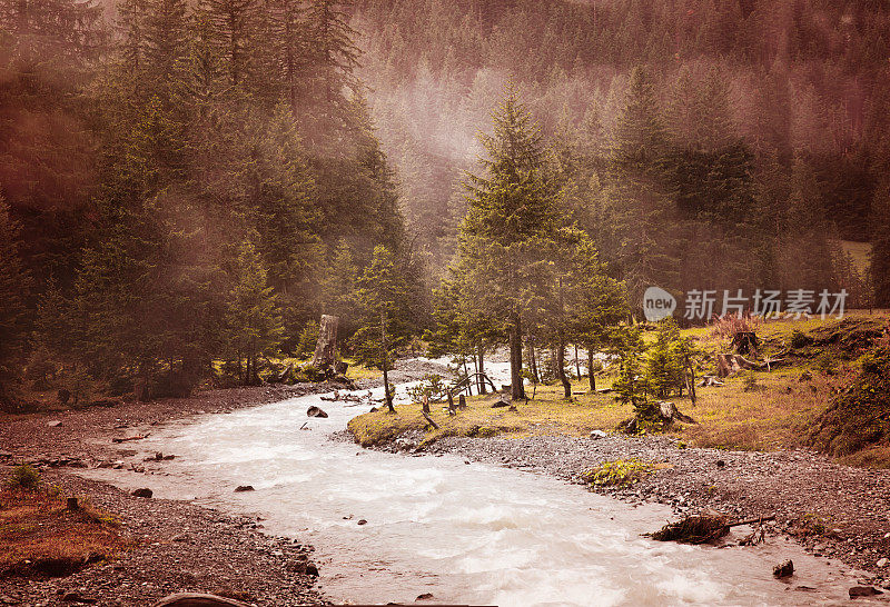 下雨的瑞士山间溪流