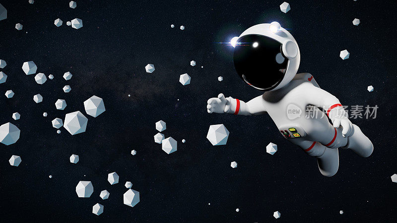 可爱的白色卡通宇航员在星形背景前的几何物体之间飞行(3d渲染)