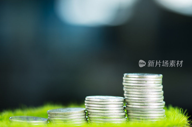 一堆堆硬币在绿草如茵，金融与商业理念浅浅聚焦。