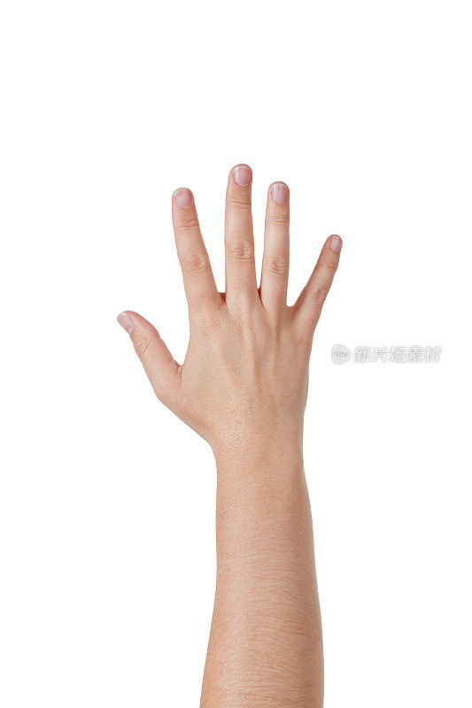 向后看手举起五个手指，数着“5”