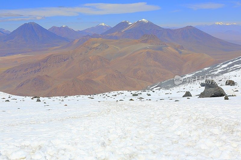 从上拉斯卡火山与地面上的雪-戏剧性的阿塔卡马沙漠高原景观全景，白雪皑皑的火山，田园般的阿塔卡马沙漠，火山景观全景-圣佩德罗阿塔卡马，智利，Bolívia和阿根廷边境