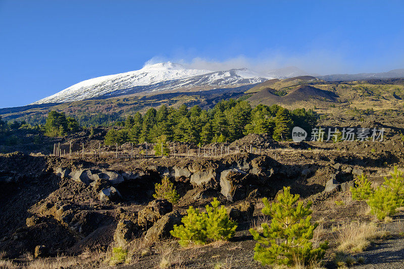 有冒烟峰的埃特纳山(联合国教科文组织世界遗产);它位于西西里岛(意大利)东海岸的埃特纳公园。