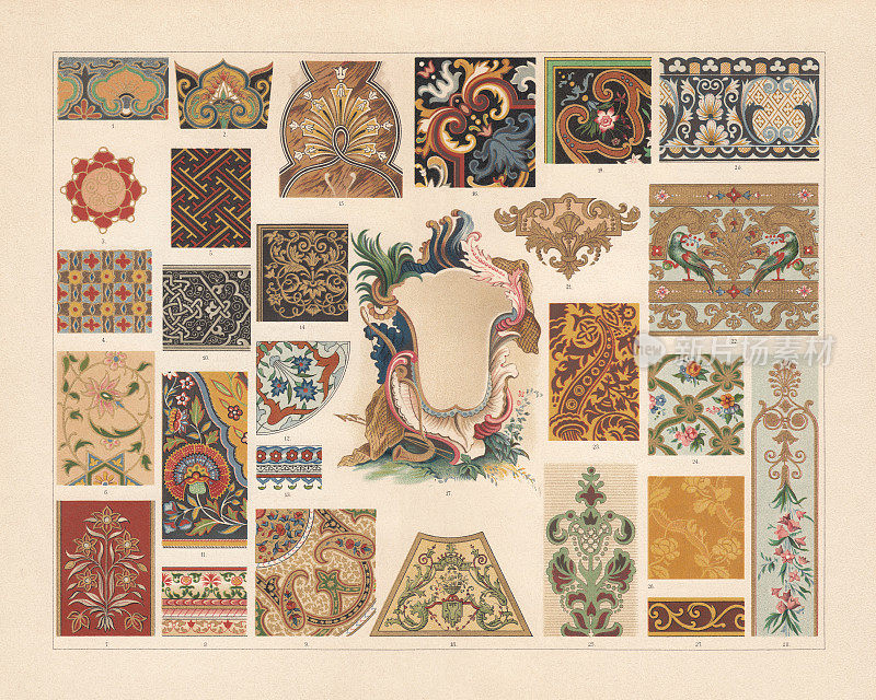 各种图案，欧洲和亚洲巴洛克时期，彩色石刻，1897年