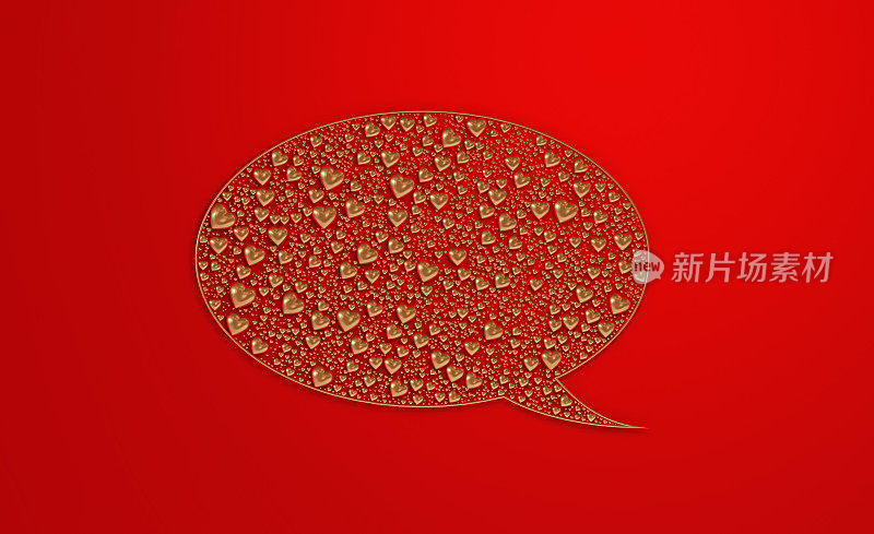 金色的心形状形成一个大的讲话气泡在红色的背景