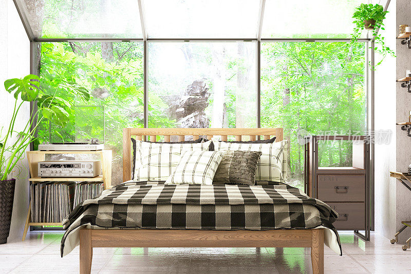 阁楼卧室与森林景观