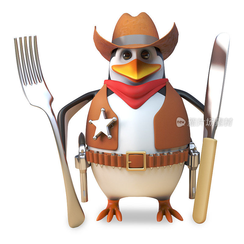 饥饿的企鹅警长，勇敢的牛仔饿了，拿着他的刀叉准备好了，3d插图