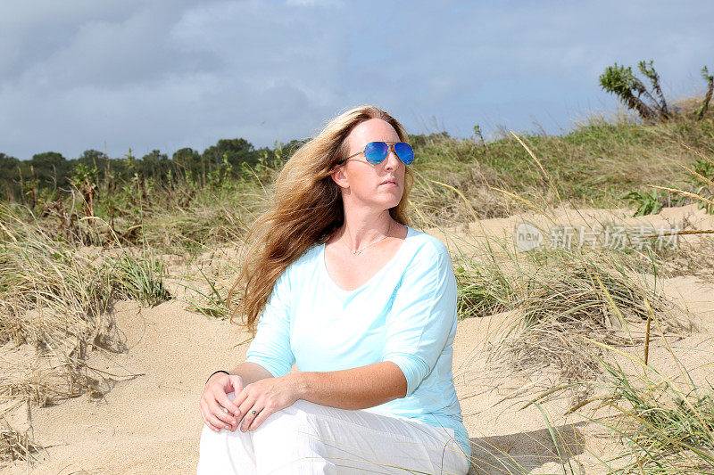 一只雌性只坐在海滩上或附近。