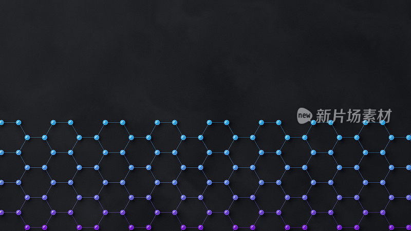 3D抽象六角形分子结构，Dna，黑色背景