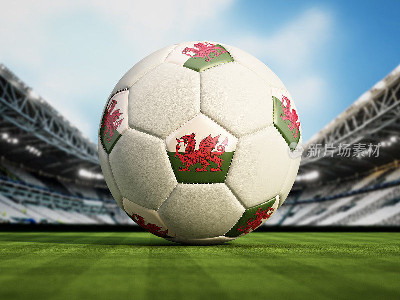 绿色足球场上的足球上立着威尔士旗(威尔士旗)