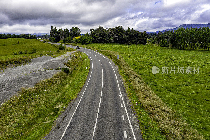 一群羊在绿色农场吃草，49号州公路，新西兰