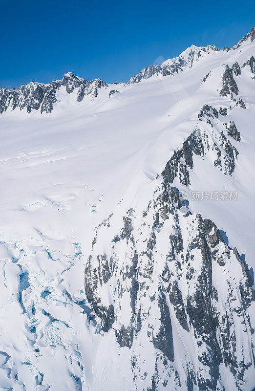 从直升机鸟瞰塔斯曼冰川雪山在库克山，新西兰。