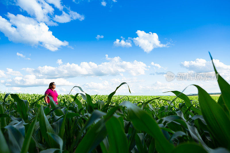 一位女士站在她的玉米地里。