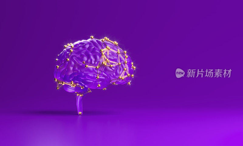 紫色的大脑对象覆盖连接线和点在紫色的背景