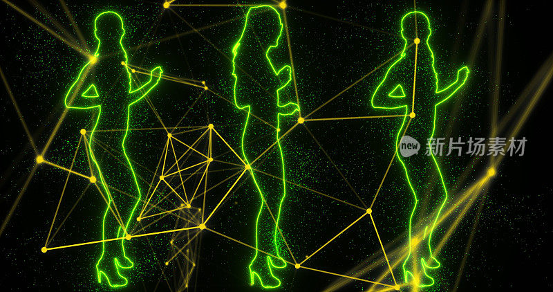 女孩们在侧面慢慢地跳迪斯科。空间中带有绿黑色粒子的发光女性剪影。背景中由线连接的黄点。
