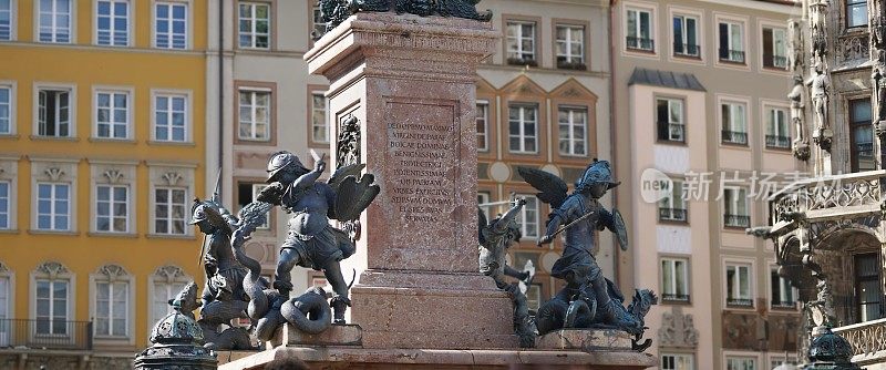 慕尼黑的地标。圣玛丽柱的基座“Mariensäule”。巴伐利亚,德国。