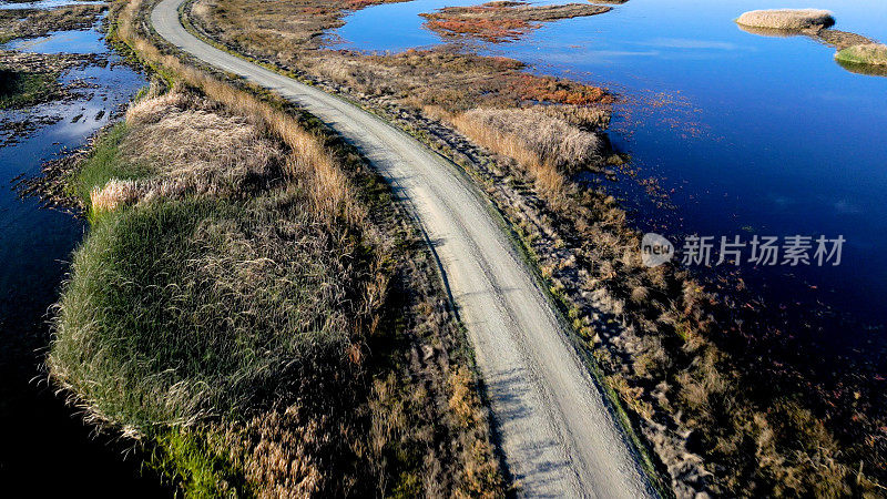 从上方穿过北加州野生动物保护区湿地的道路