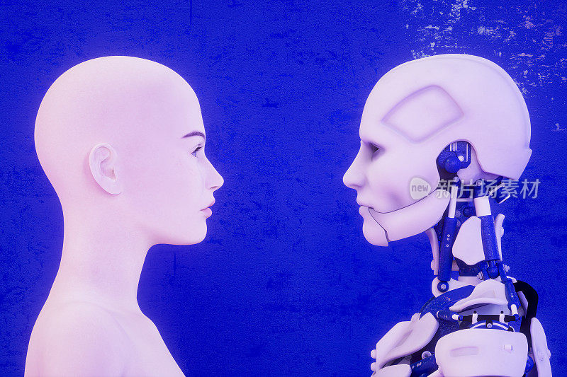 一个女人和一个半机械人，人类和机器人面对面，人工智能的概念