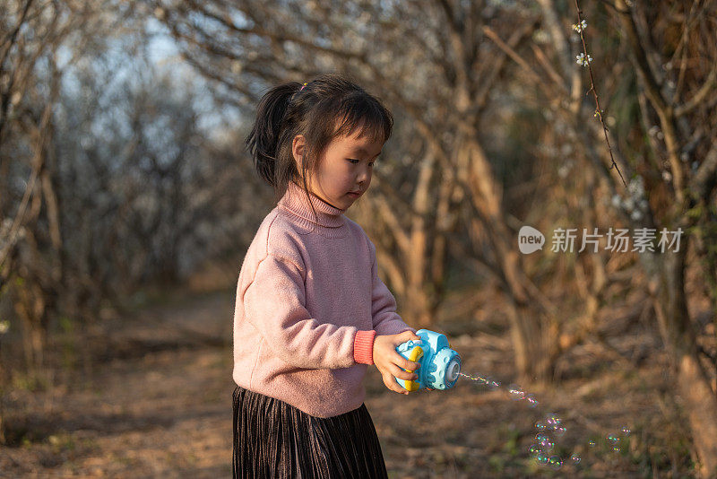 一个中国小女孩正在梅林里玩泡泡玩具