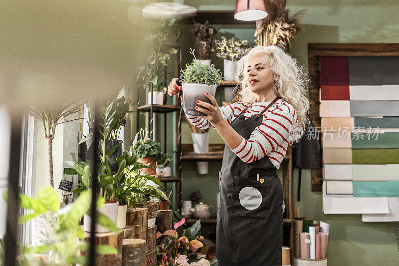 在花店剪树叶的女人