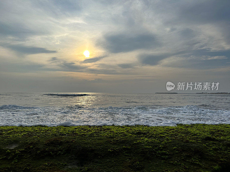 海边橙色的太阳映照在海面上，温柔的海浪拍打在海岸上，绿藻和海藻覆盖在岩石上，岩石潮汐池，潮汐反射，太阳落在荡漾的水面上，复制空间