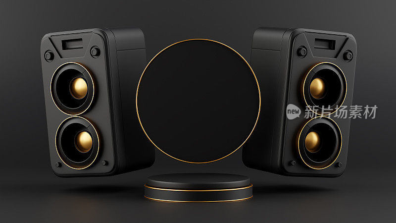 3D渲染黑色和金色圆形讲台背景扬声器19