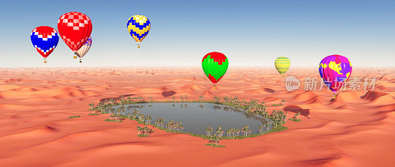 沙漠绿洲上空的热气球