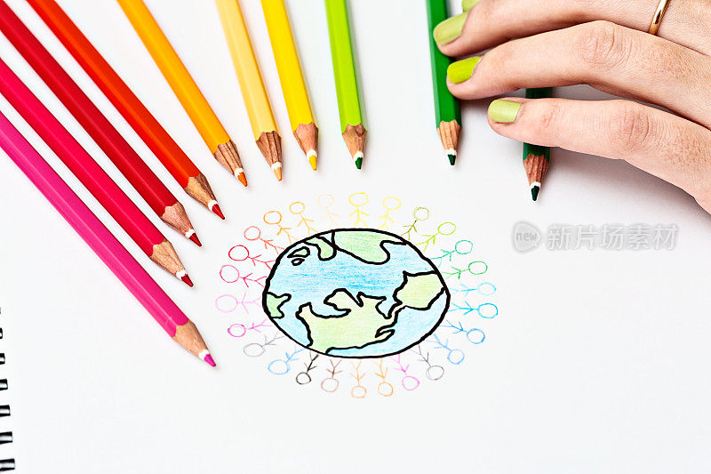 女人的手把铅笔蜡笔放在手绘世界地图上