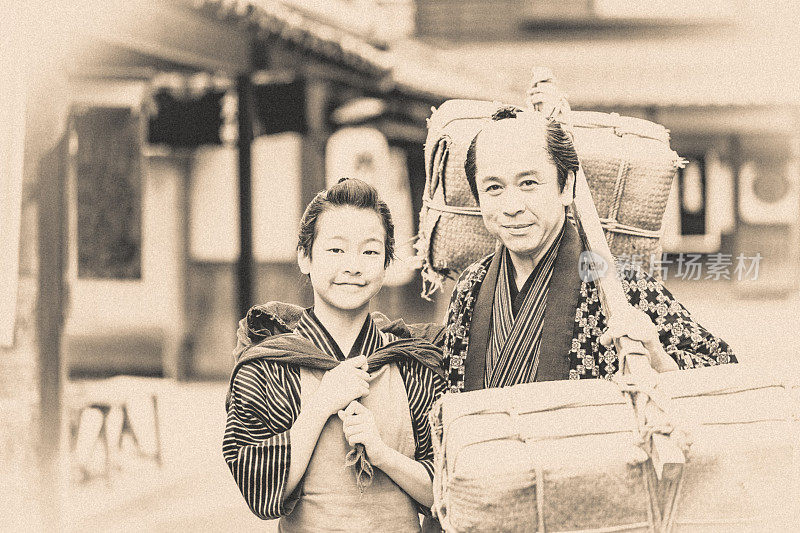 日本商人和他儿子的肖像。