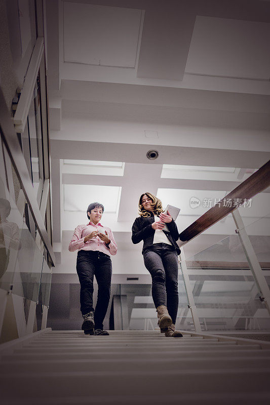 两个职业妇女走下楼梯