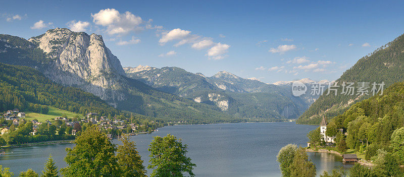 夏季阿尔卑斯山全景与湖，奥地利，自然保护区