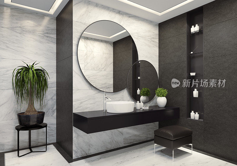 豪华现代浴室与白色大理石和大黑色瓷砖