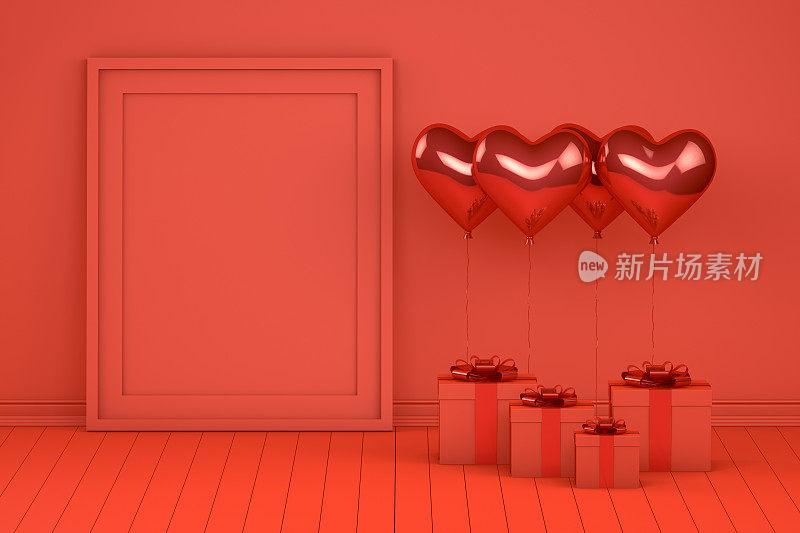 闪亮的红色气球与空框架在空房间。情人节的概念。