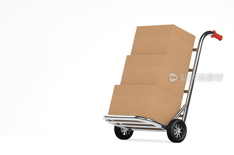 手推车上的纸箱，白色背景上的搬家概念