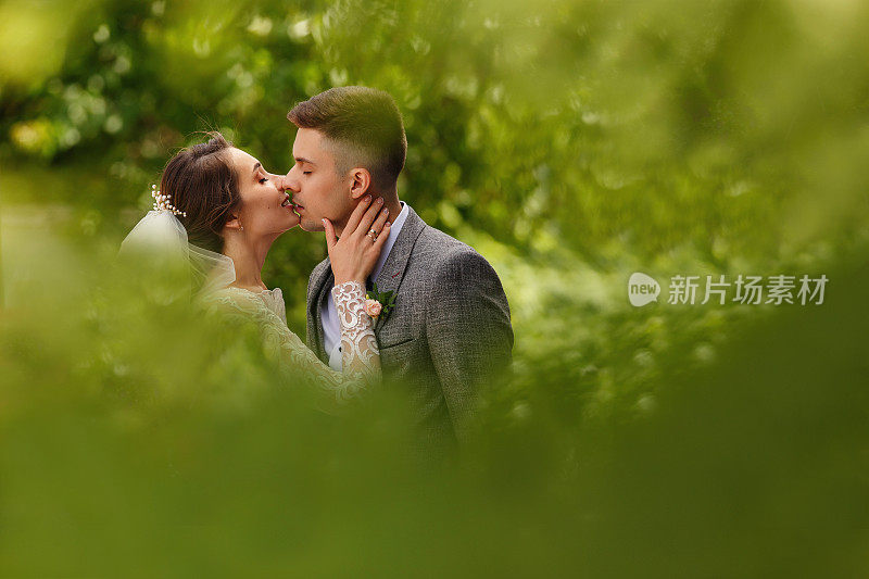 婚礼上亲吻。新娘和新郎在绿色的背景上亲吻