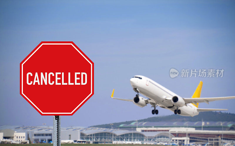 停车标志，检疫概念。取消飞往世界受感染国家的航班。