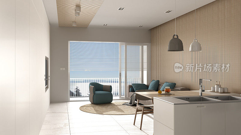 米色色调和木质细节的现代客厅，全景海景窗，带圆形地毯的沙发和扶手椅，餐桌，岛屿。大理石地板，室内设计
