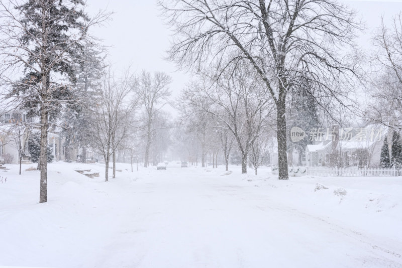 住宅街道上的冬季暴风雪场景