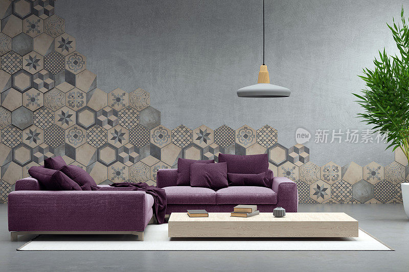 室内采用淡紫色沙发和空白墙