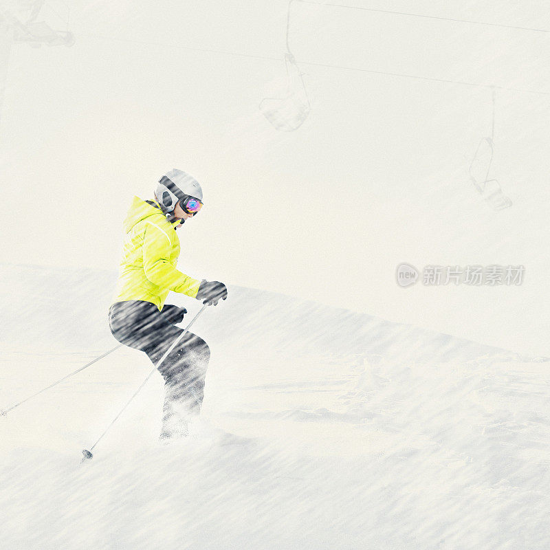 十几岁的女孩滑雪滑雪在阳光明媚的滑雪场滑雪